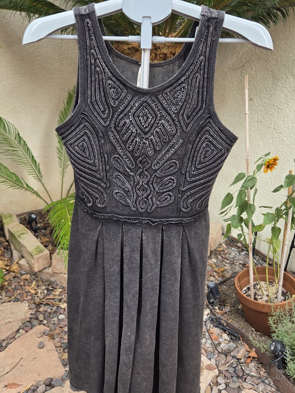 Free People Embroidered Pleated Dress in Charcoal